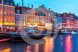 Evening scenery of Nyhavn in Copenhagen, Denmark