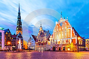 Evening scenery of the Old Town Hall Square in Riga, Latvia