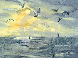 Evening sea with birds watercolor landscape