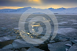 Evening with sea ice, White snowy mountain, blue glacier Svalbard, Norway. Ice in ocean. Iceberg twilight in North pole. Pink clou