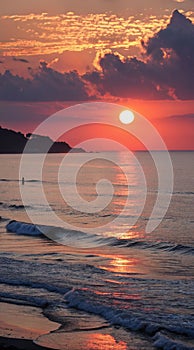 The evening sea, the sun is setting, the waves reflecting the beautiful light.