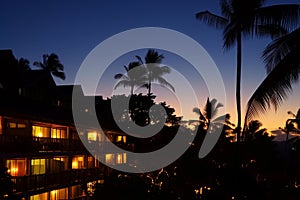 evening shot of a hotel with litup rooms and tropical trees silhouetted