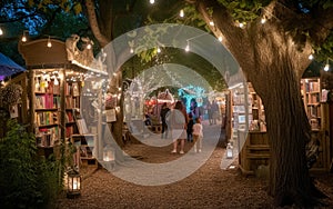 An evening shot of a magical outdoor book fair illuminated by string lights, creating a whimsical atmosphere for readers