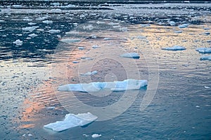 Evening sky clouds reflecting in water with ice floes in Antarctica