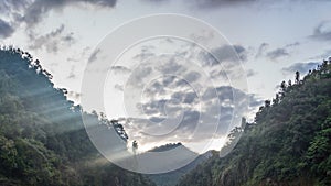 Evening sky clouds and sunbeam light moving over primeval forest in New Zealand wild nature Time lapse