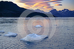 Evening sky with foehn clouds - Lenticularis clouds - over mountains reflecting in ocean with ice floes, South Georgia