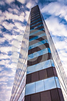 Evening sky over 250 West Pratt Street, in Baltimore, Maryland.