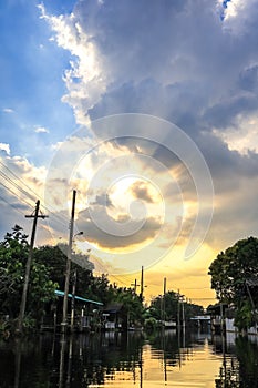 Evening sky and rural atmosphere at Khlong Bang Ramat,a canal in Thonburi side of Bangkok