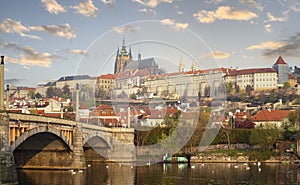 Evening sky  View of Prague Castle and Charles Bridge in spring season at  Czech Republic