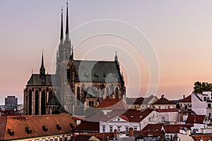 Evening skyline of Brno city with the cathedral of St. Peter and Paul, Czech Republ