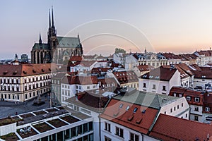 Evening skyline of Brno city with the cathedral of St. Peter and Paul, Czech Republ