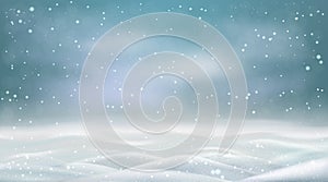 Evening snowstorm and snowy landscape, winter snowdrifts with flying snow. Vector illustration