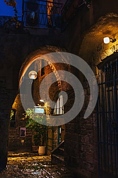 Evening street of old Jaffa city after rain in Tel-Aviv, Israel