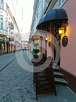 Evening street in Ternopil, Ukraine.