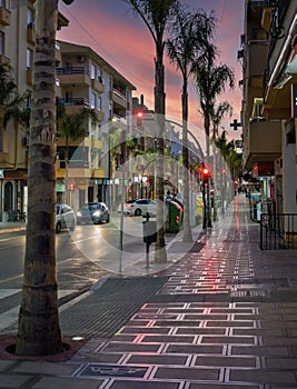Evening street view at La Cala del Moral, Malaga, Spain.