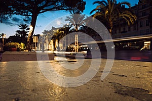 Evening street view with palm trees and decorative lights in Cannes, France