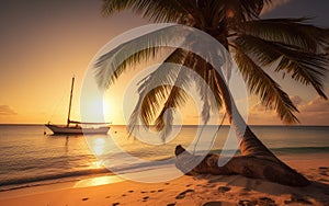 evening summer landscape, sunset, palm tree on the seashore, ocean, generative ai