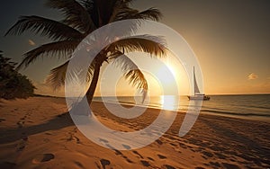 evening summer landscape, sunset, palm tree on the seashore, ocean, generative ai