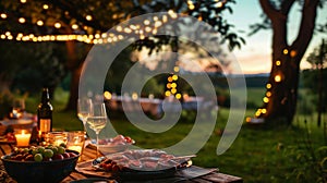 Evening, summer outdoor, outdoor barbecue, tables on the grass, food, string lights, distant views