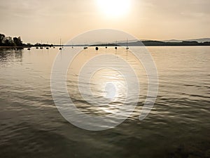 Evening sun and light over lake with reflections and peaceful ripples in Lake Murten in Switzerland