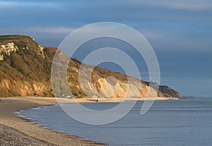 Evening sun on the rocks of the Jurassic coast at Axmouth in Lyme Bay, England