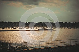 Evening sunlight on a lake`s water surface