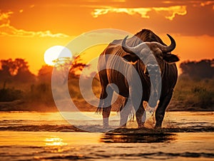 Evening sunset in Africa. African Buffalo Cyncerus cafer standing on the river bank Chobe Botswana