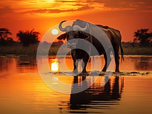Evening sunset in Africa. African Buffalo Cyncerus cafer standing on the river bank Chobe Botswana