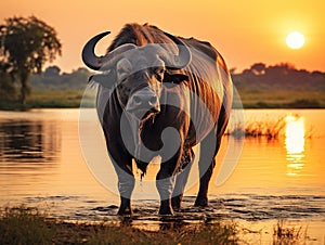 Evening sunset in Africa. African Buffalo Cyncerus cafer standing on the river bank Chobe Botswana