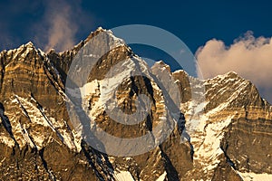 Evening sunset light over Lhotse mountain peak view from Chukung village, Himalaya mountains range, Nepal