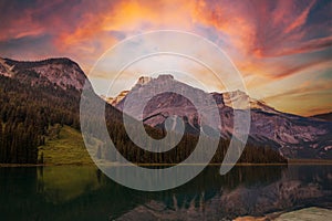 Evening sunset over Emerald Lake in the Canadian Rockies of Yoho National Park