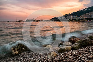 Evening sunset over town Budva in Montenegro