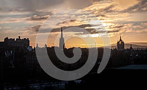 Evening sunset over view the castle downtown and old town district of Edinburgh City