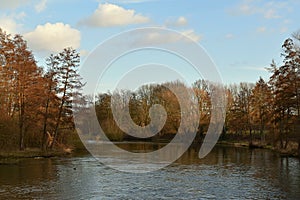 Evening, sunset, river, reflection of clouds in the water, the rays of the sun. River Else.Kirchlenger Germany.