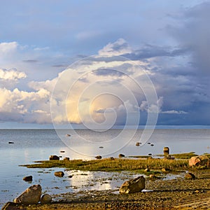 Evening sunset seascape with clouds and water reflection waves in Baltic sea