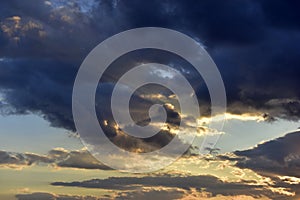 Evening sunset sky with clouds and sun rays