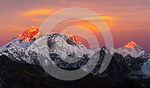 Evening sunset view of Mount Everest, Lhotse and Makalu