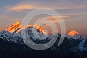 Evening sunset view of Mount Everest, Lhotse and Makalu