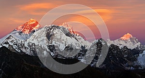 Evening sunset view of Mount Everest, Lhotse and Makalu