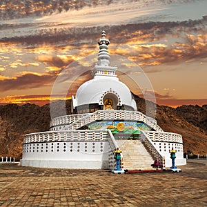 Evening sunset view of Tall Shanti Stupa near Leh