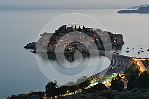 Evening Sveti Stefan, small islet and resort in Montenegro.