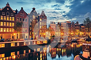 Evening town Amsterdam in Netherlands on bank