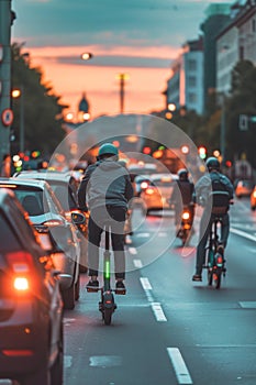 Evening traffic on a busy city street captured in bokeh with cyclists and cars, highlighting urban movement.