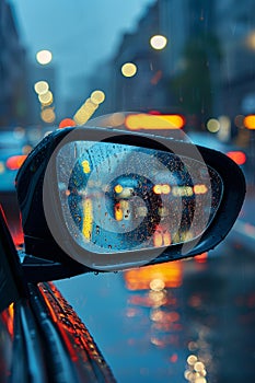 Evening traffic jam cars with headlights queueing, reflected in the rearview mirror