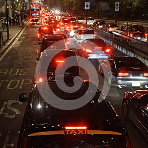 Evening traffic, London city lights