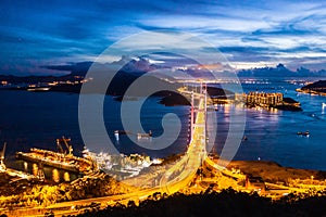 Evening of Tsing Ma Bridge, 14th longest span suspension bridge in the world, Hong Kong