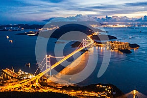 Evening of Tsing Ma Bridge, 14th longest span suspension bridge in the world, Hong Kong