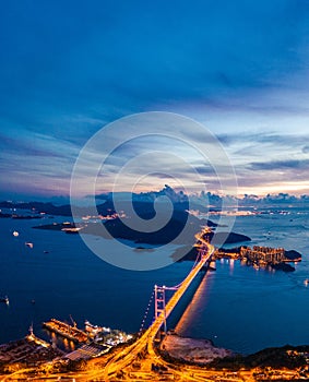 Evening of Tsing Ma Bridge, 14th longest span suspension bridge in the world, Hong Kong