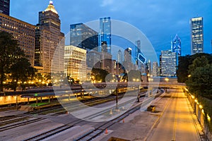 Night time Chicago skyline wide shot