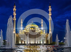 Evening view of Akhmad Kadyrov Mosque officially known as The Heart of Chechnya in Grozny, Russ